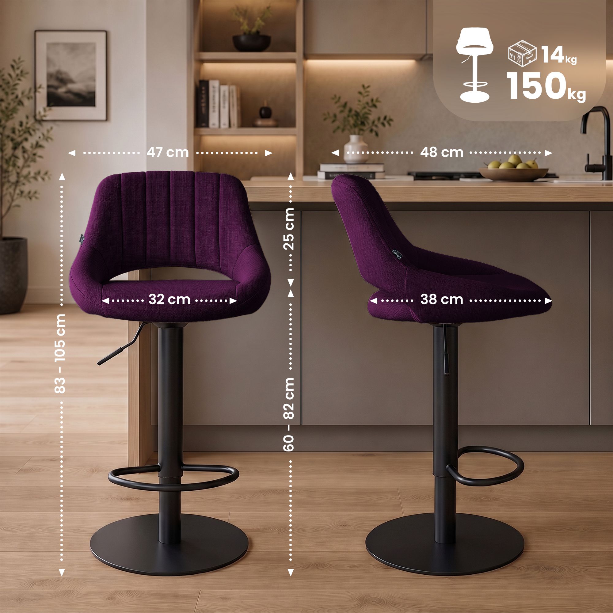 Sgabello da bar Milet nero con base extra pesante