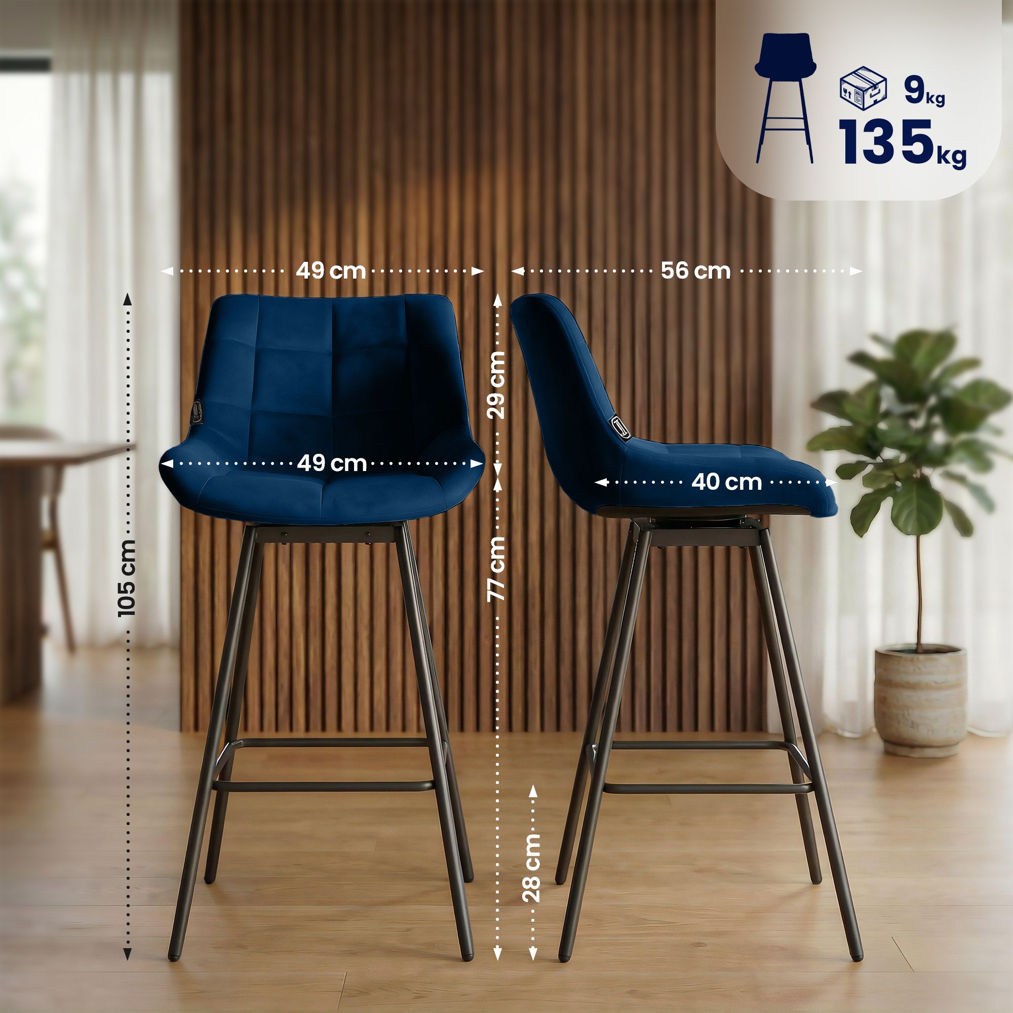 Sgabello da bar Weston girevole 180° con schienale e seduta imbottita, struttura in metallo