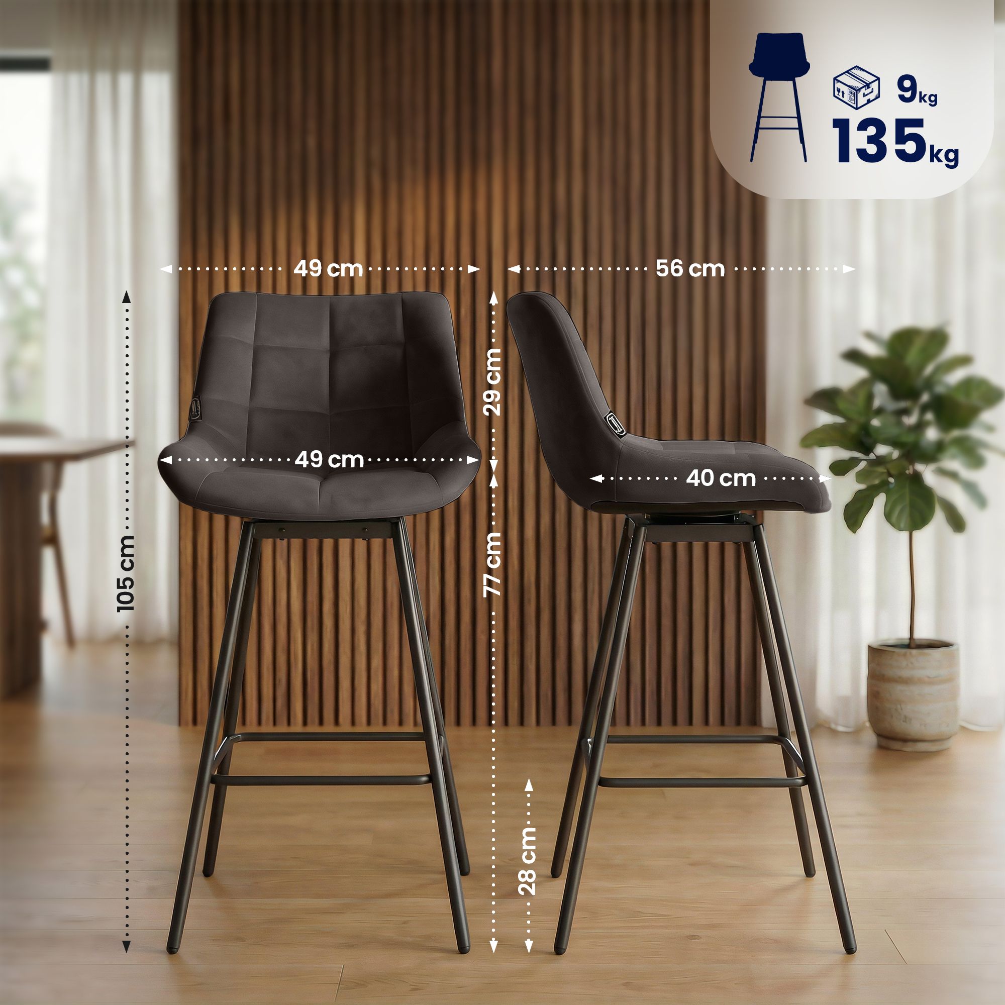 Sgabello da bar Weston girevole 180° con schienale e seduta imbottita, struttura in metallo
