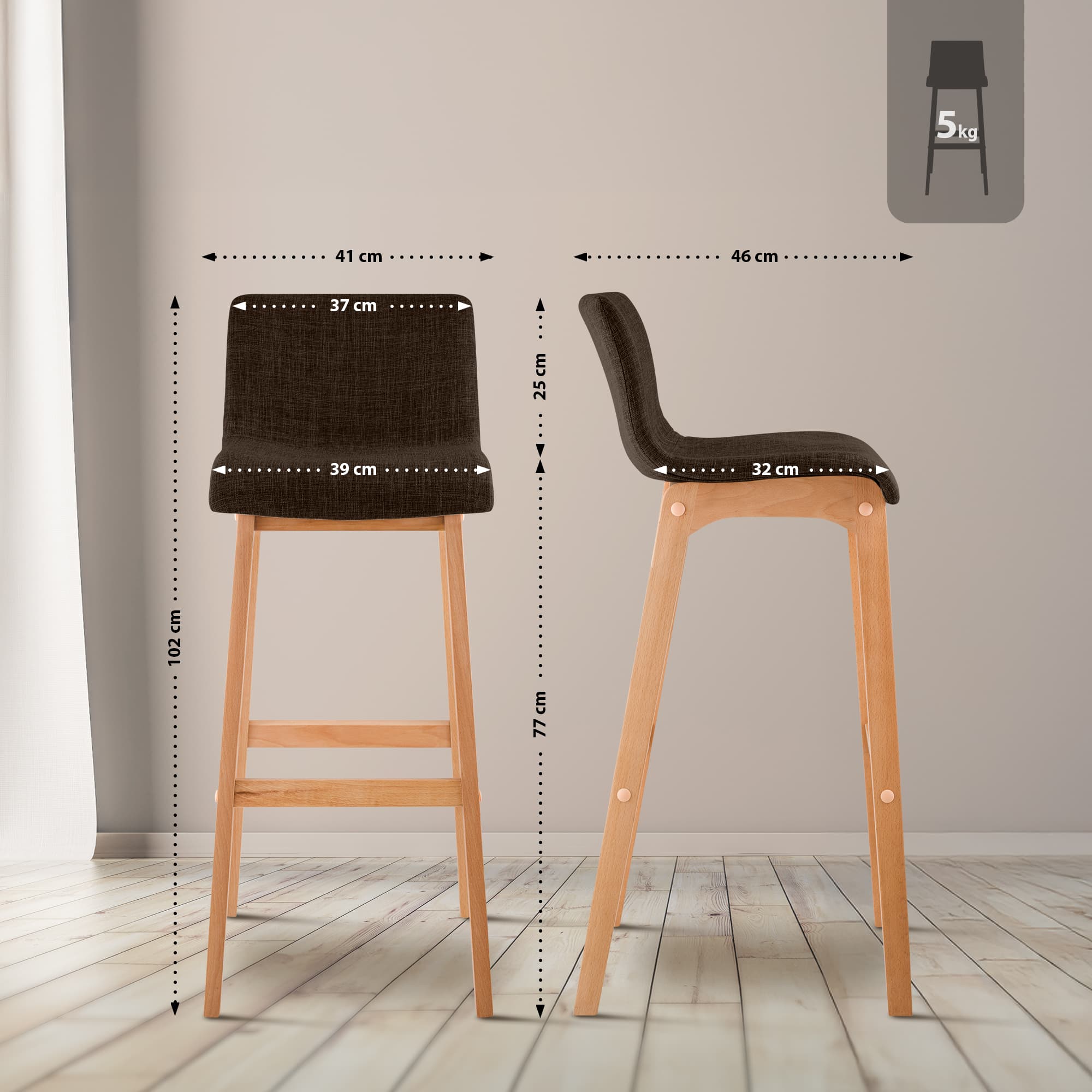 Set di 2 sgabelli da bar Hover in tessuto con base a quattro gambe in legno naturale
