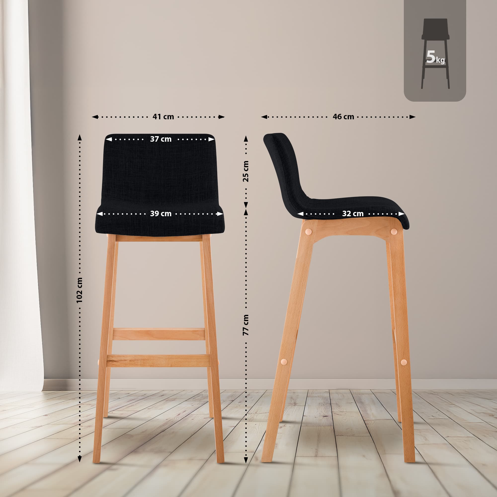 Set di 2 sgabelli da bar Hover in tessuto con base a quattro gambe in legno naturale