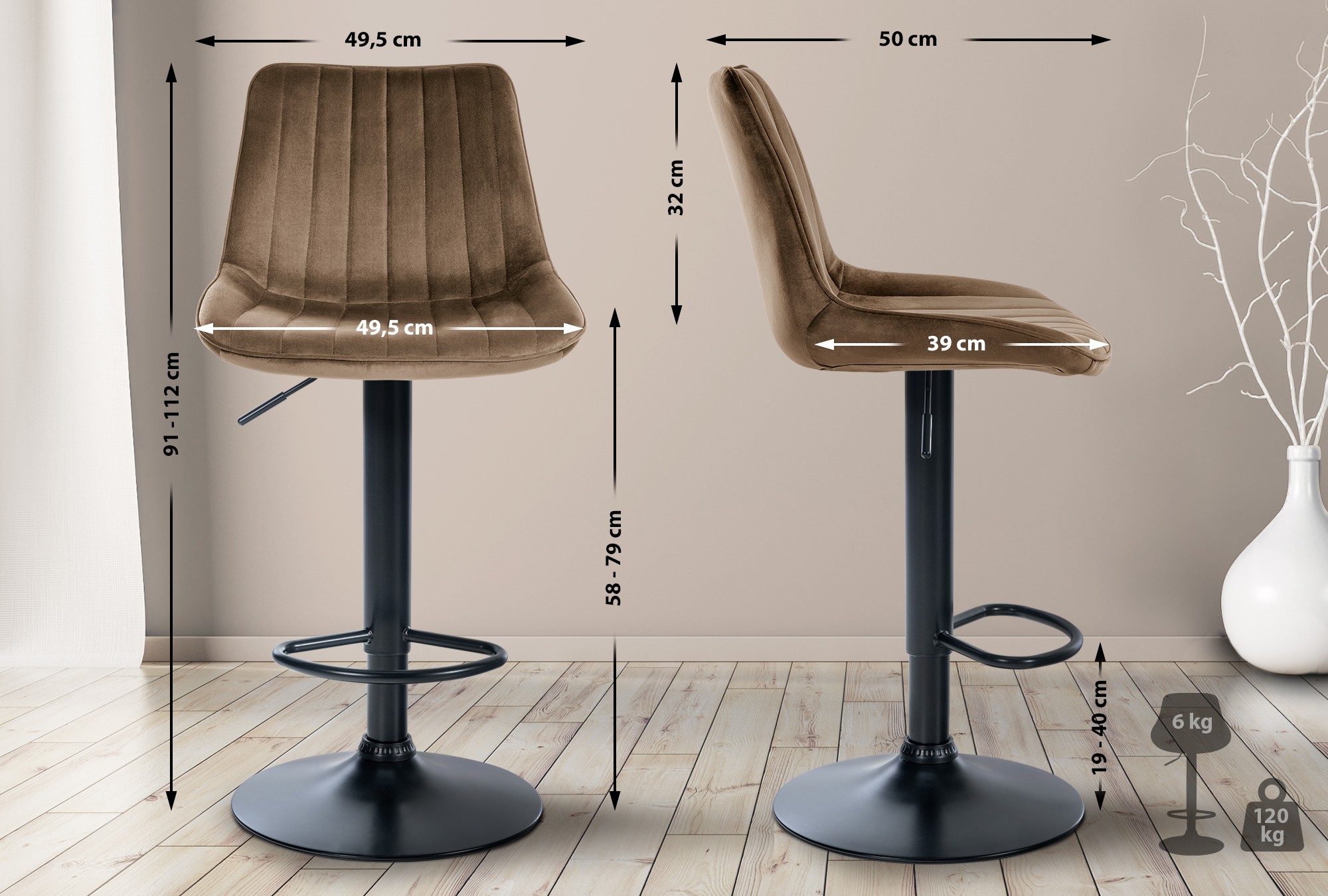 Sgabello da bar Toni velluto elegante, comodo e resistente, ideale per cucina o locale, design moderno per ogni ambiente