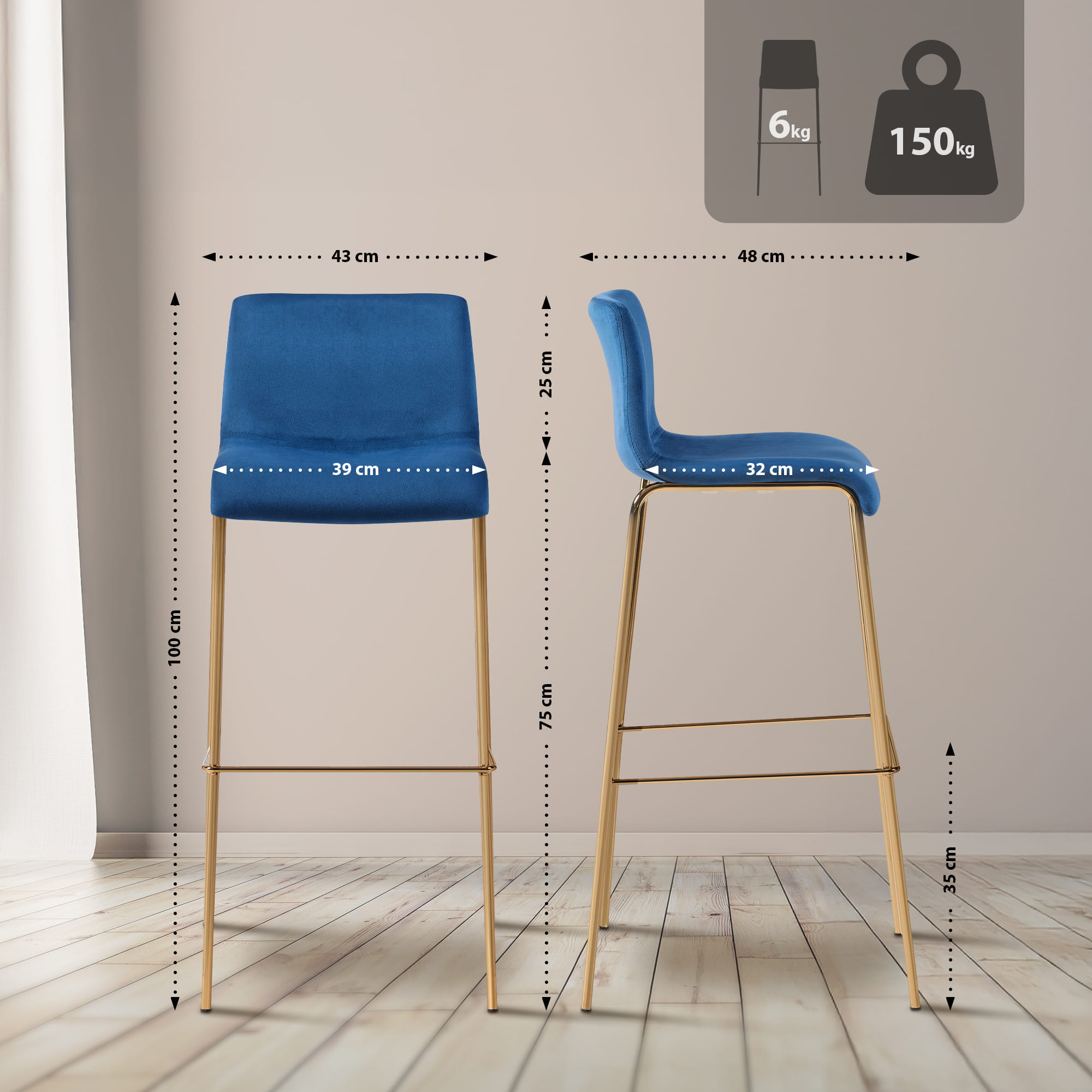 Sgabello da bar Hoover in velluto con struttura a quattro gambe oro