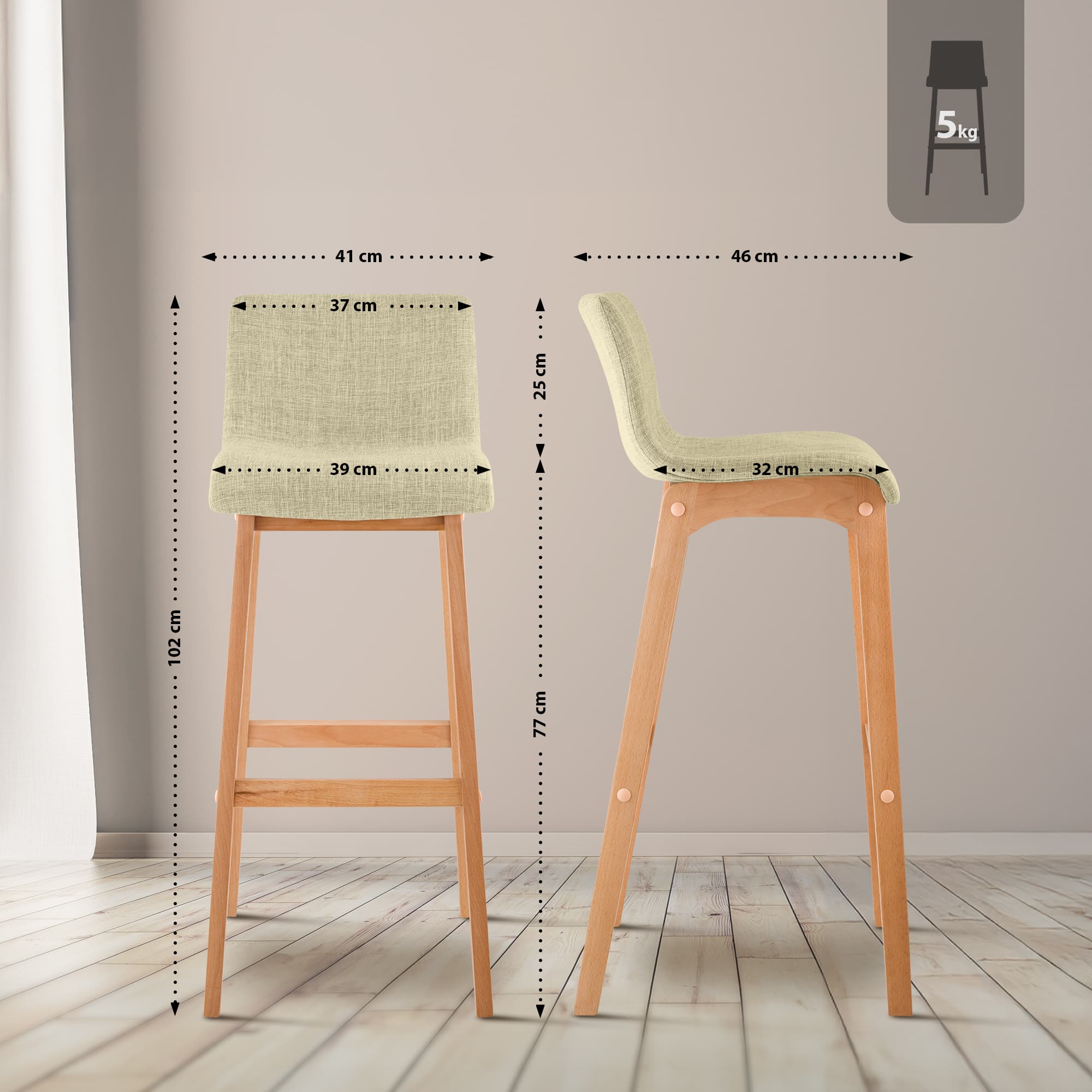 Set di 2 sgabelli da bar Hover in tessuto con base a quattro gambe in legno naturale