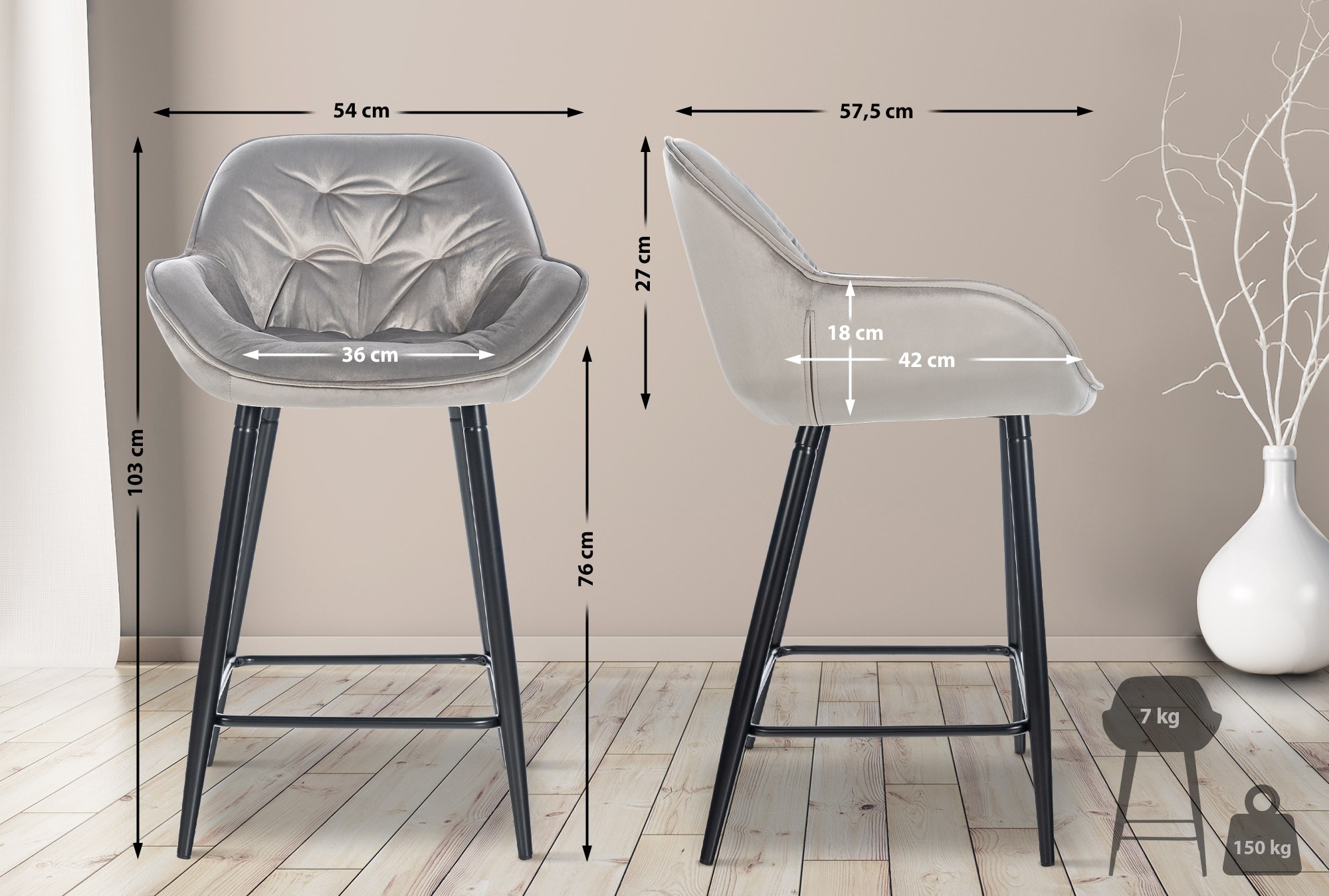 Sgabello da bar Gibson in velluto altezza seduta 76 cm