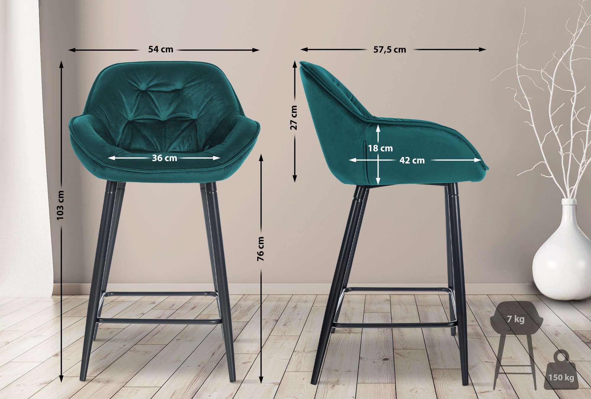 Sgabello da bar Gibson in velluto altezza seduta 76 cm