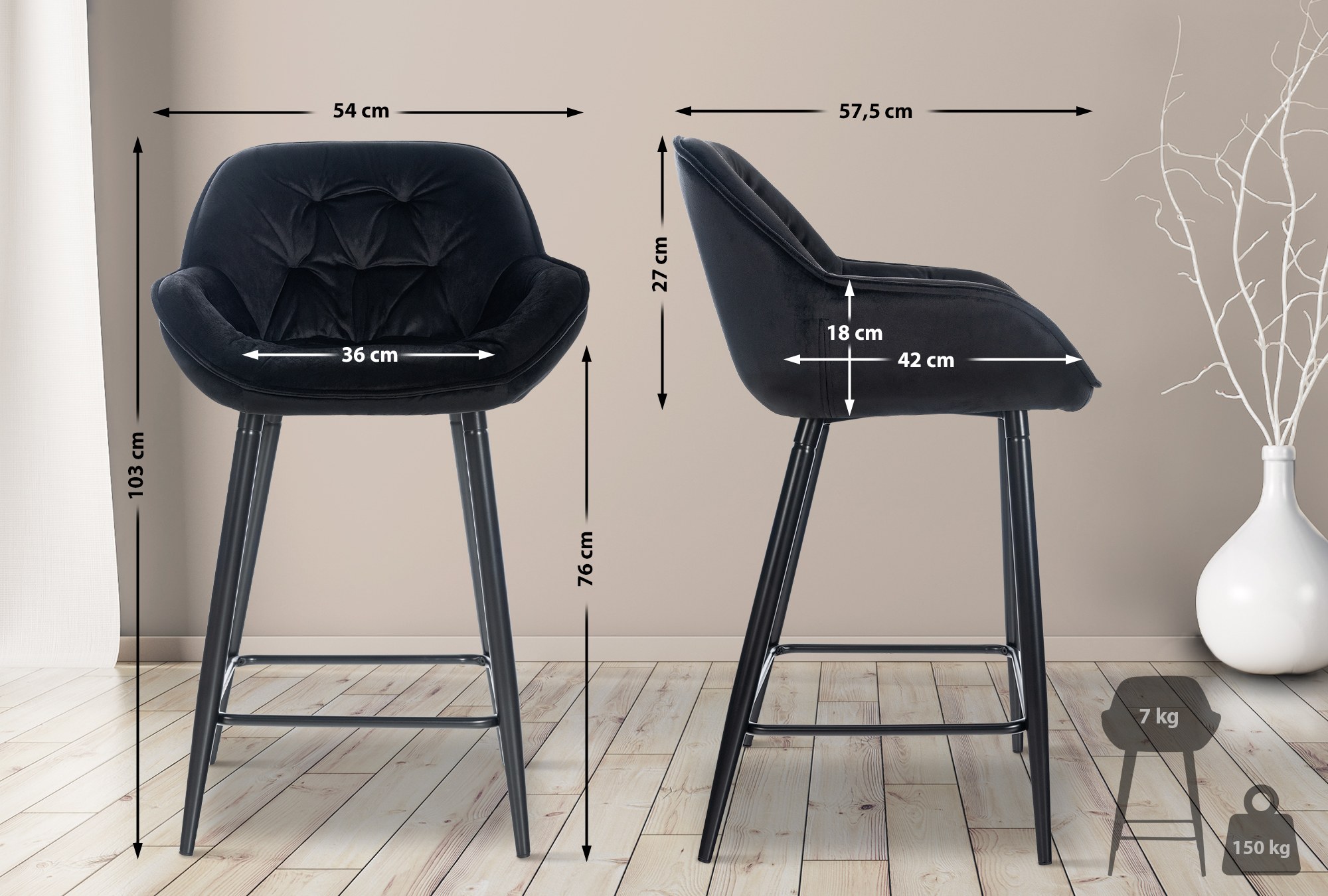 Sgabello da bar Gibson in velluto altezza seduta 76 cm