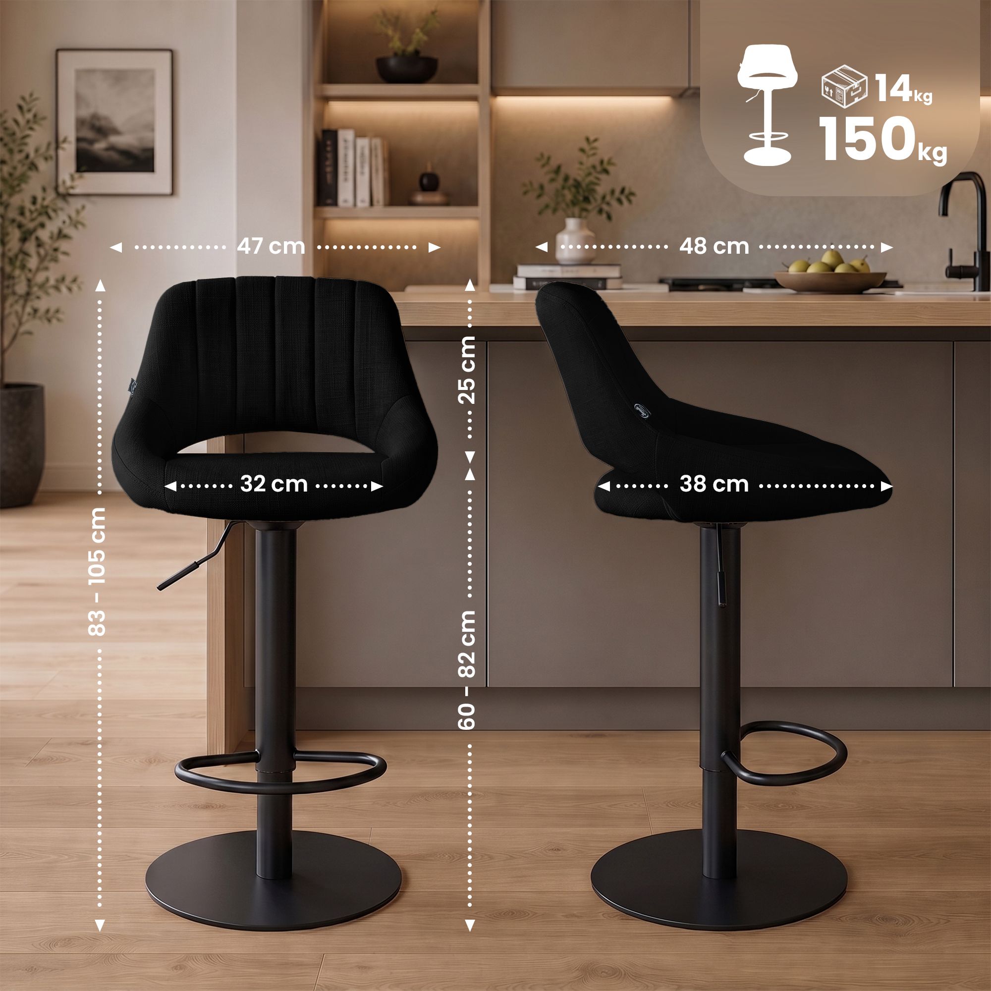 Set da 2 sgabelli da bar Milet neri con basi extra pesanti