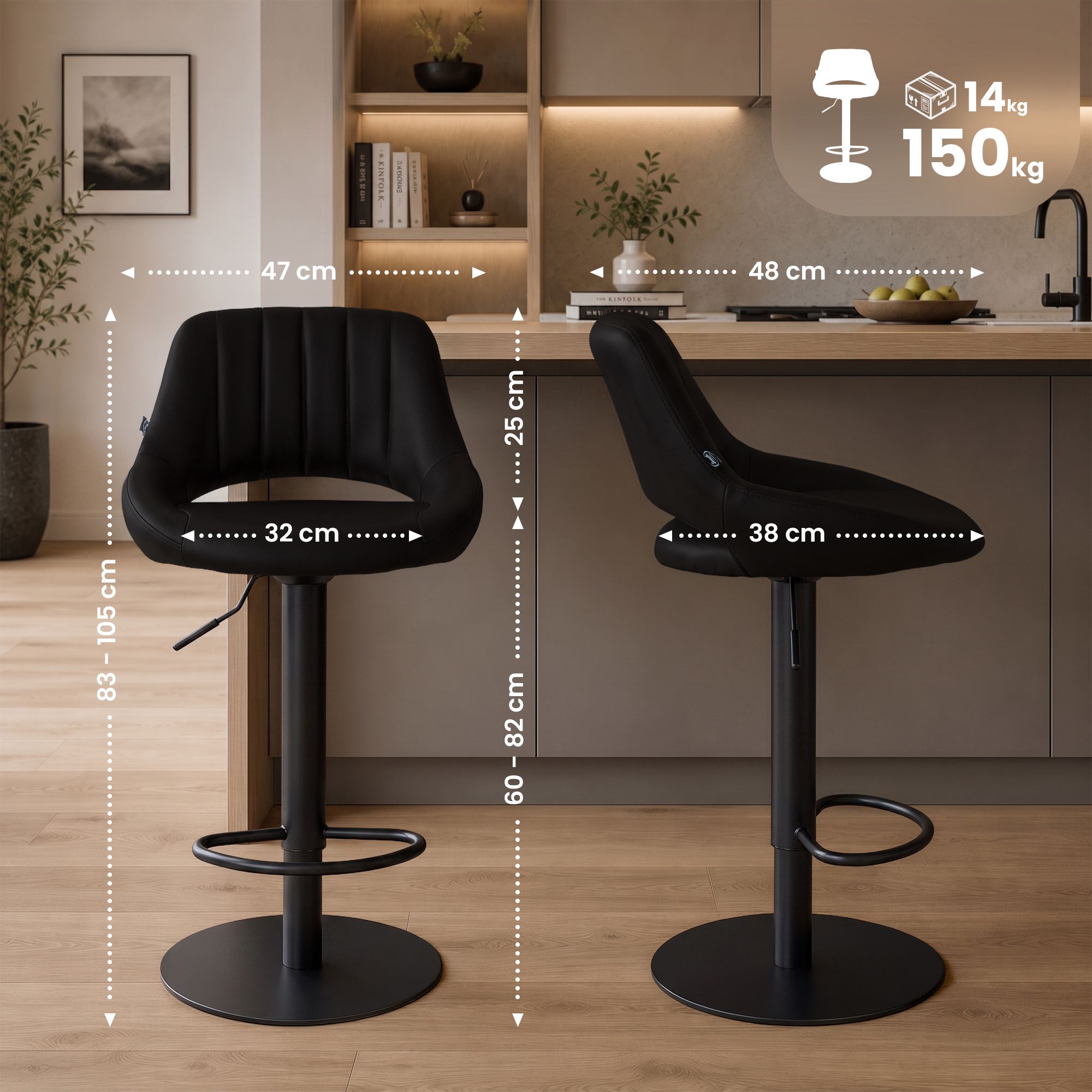 Set da 2 sgabelli da bar Milet neri con basi extra pesanti