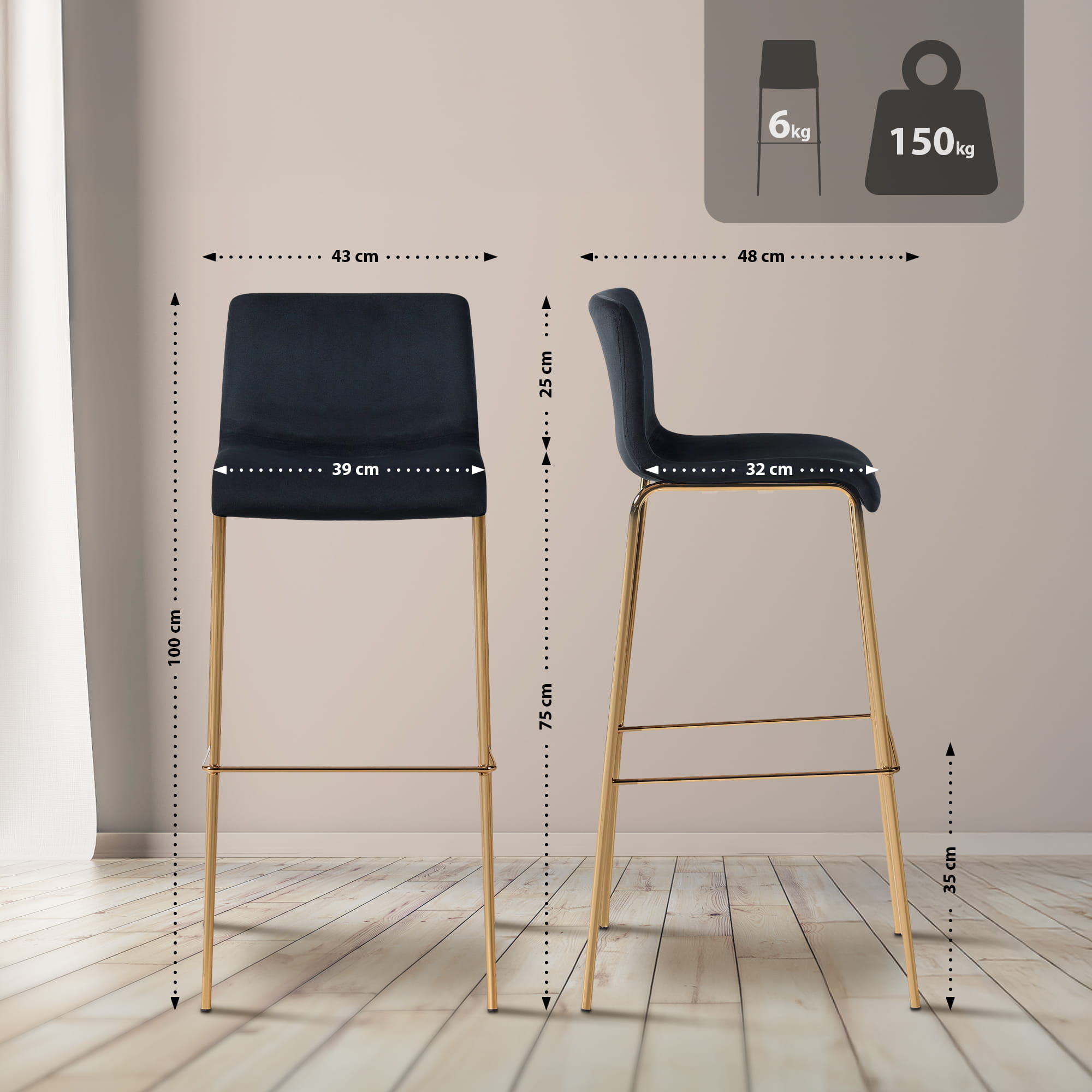 Sgabello da bar Hoover in velluto con struttura a quattro gambe oro