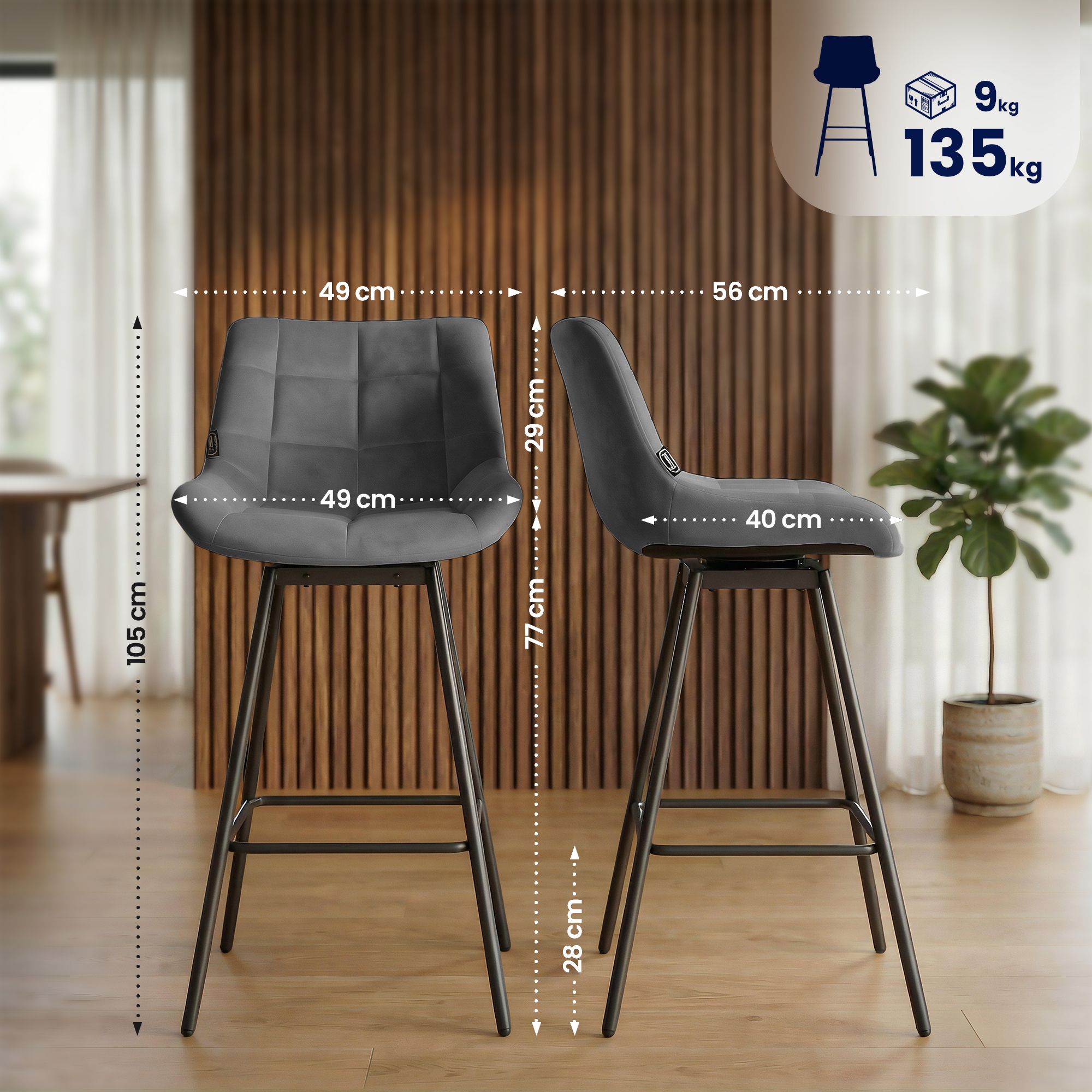 Sgabello da bar Weston girevole 180° con schienale e seduta imbottita, struttura in metallo