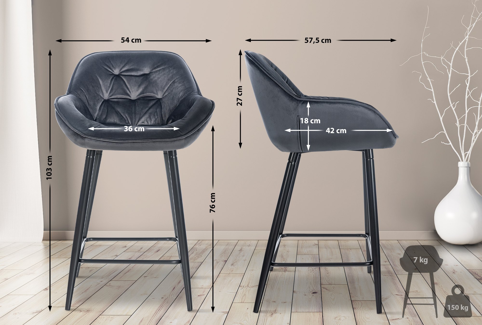 Set di 2 sgabelli da bar Gibson in velluto con altezza seduta 76 cm