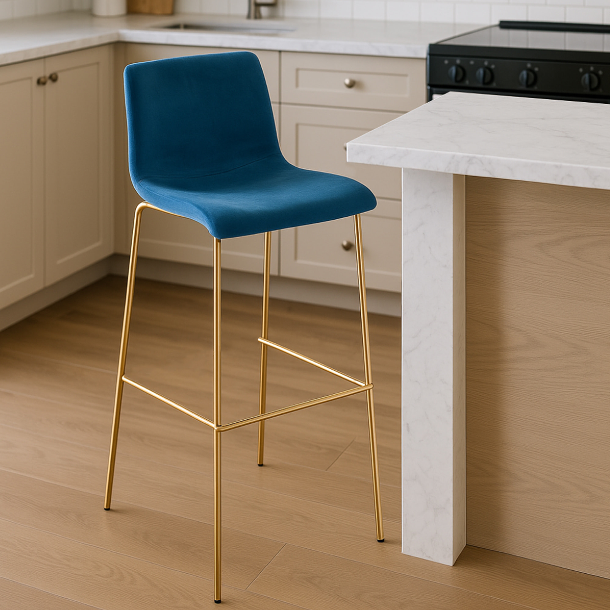 Sgabello da bar Hoover in velluto con struttura a quattro gambe oro