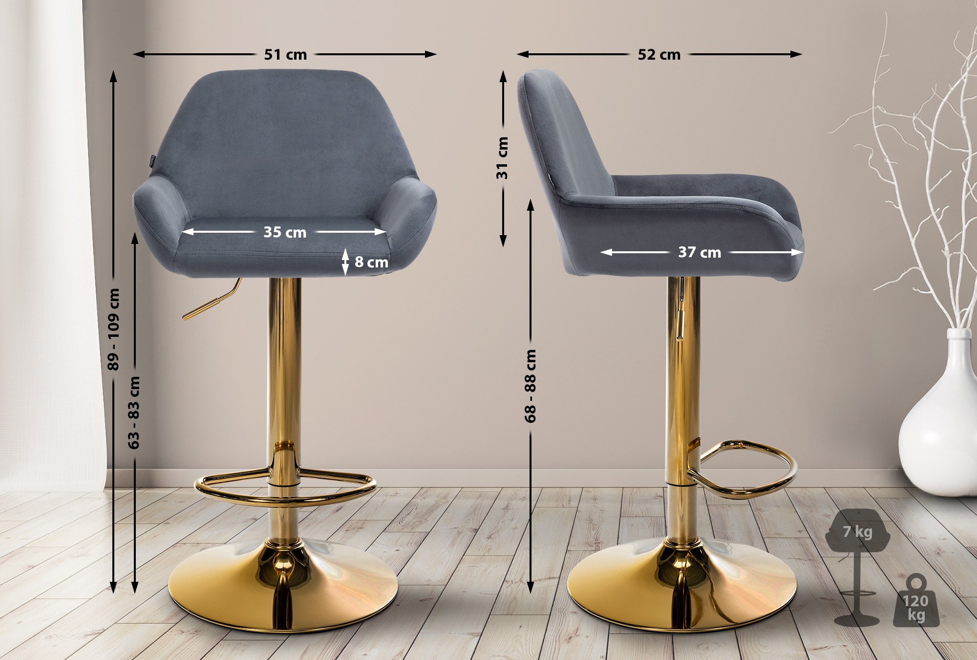 Set di 2 sgabelli da bar Braga in velluto oro