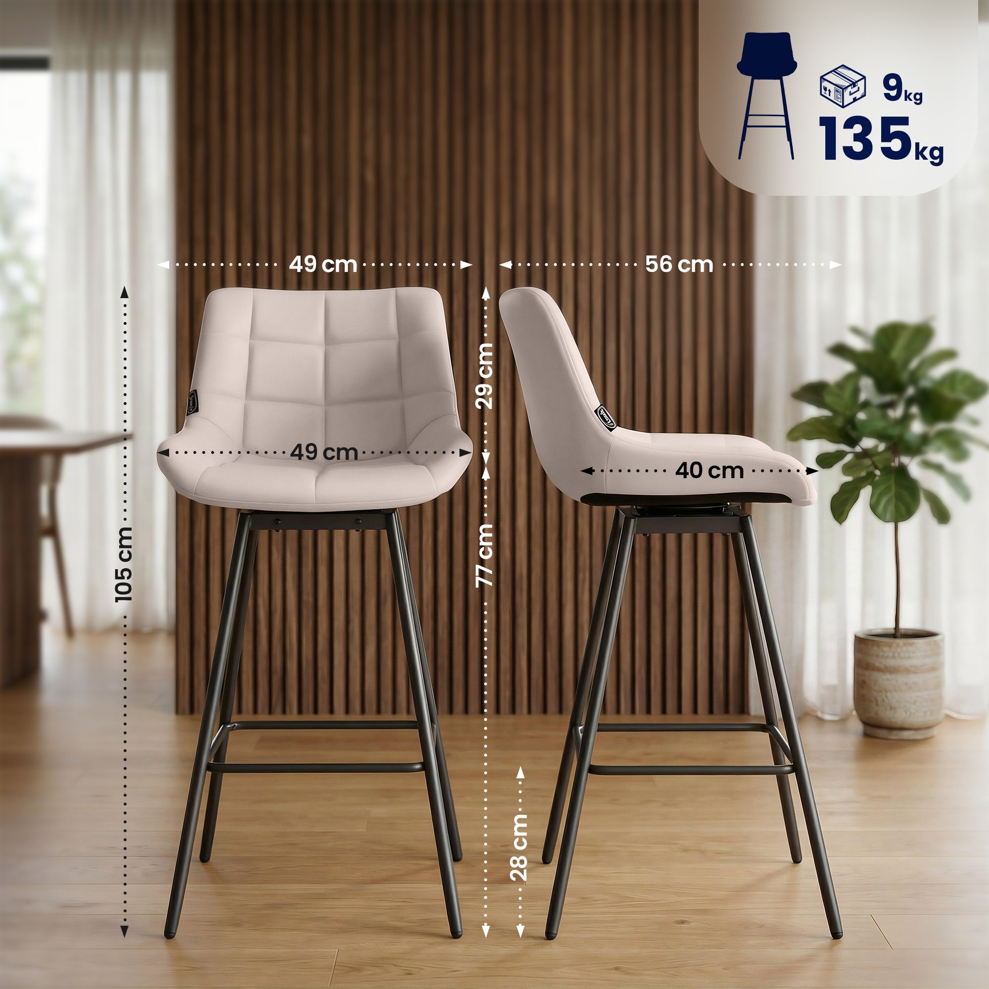 Sgabello da bar Weston girevole 180° con schienale e seduta imbottita, struttura in metallo