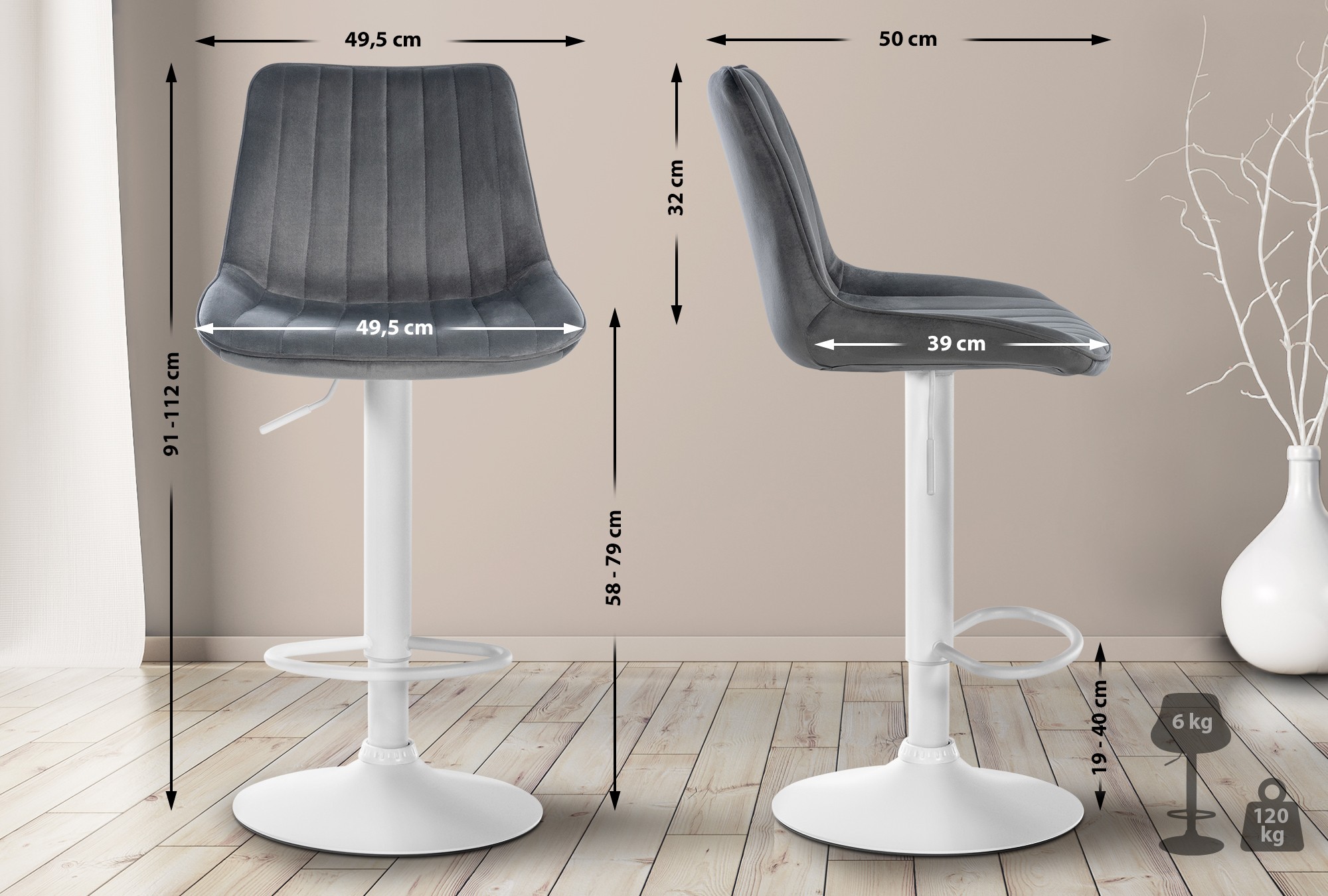 Sgabello da bar Toni velluto elegante, comodo e resistente, ideale per cucina o locale, design moderno per ogni ambiente