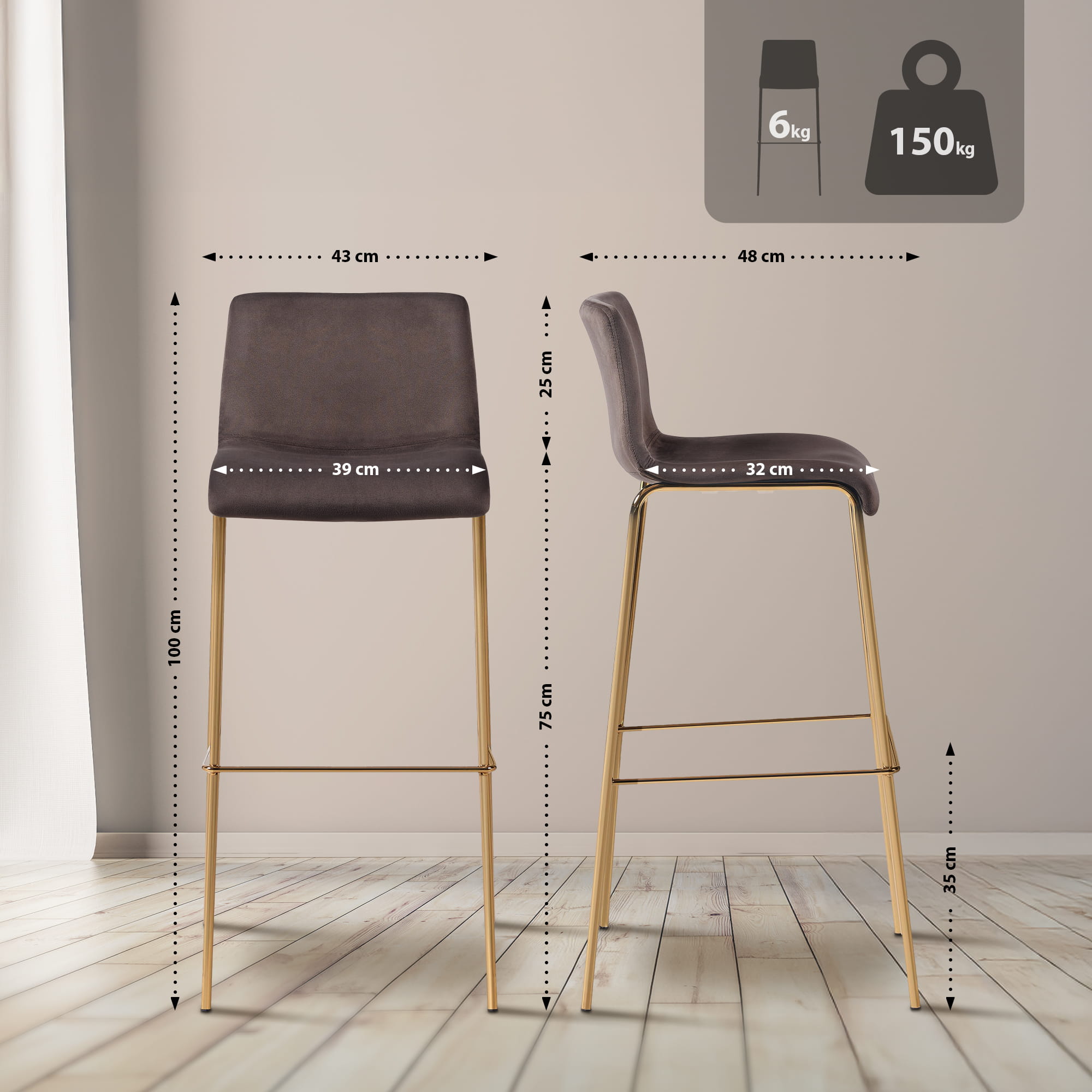 Sgabello da bar Hoover in velluto con struttura a quattro gambe oro