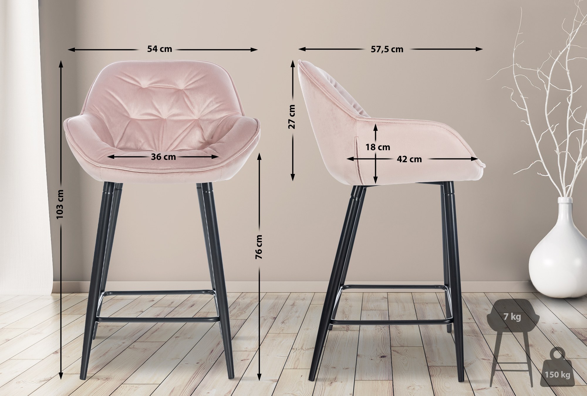 Sgabello da bar Gibson in velluto altezza seduta 76 cm