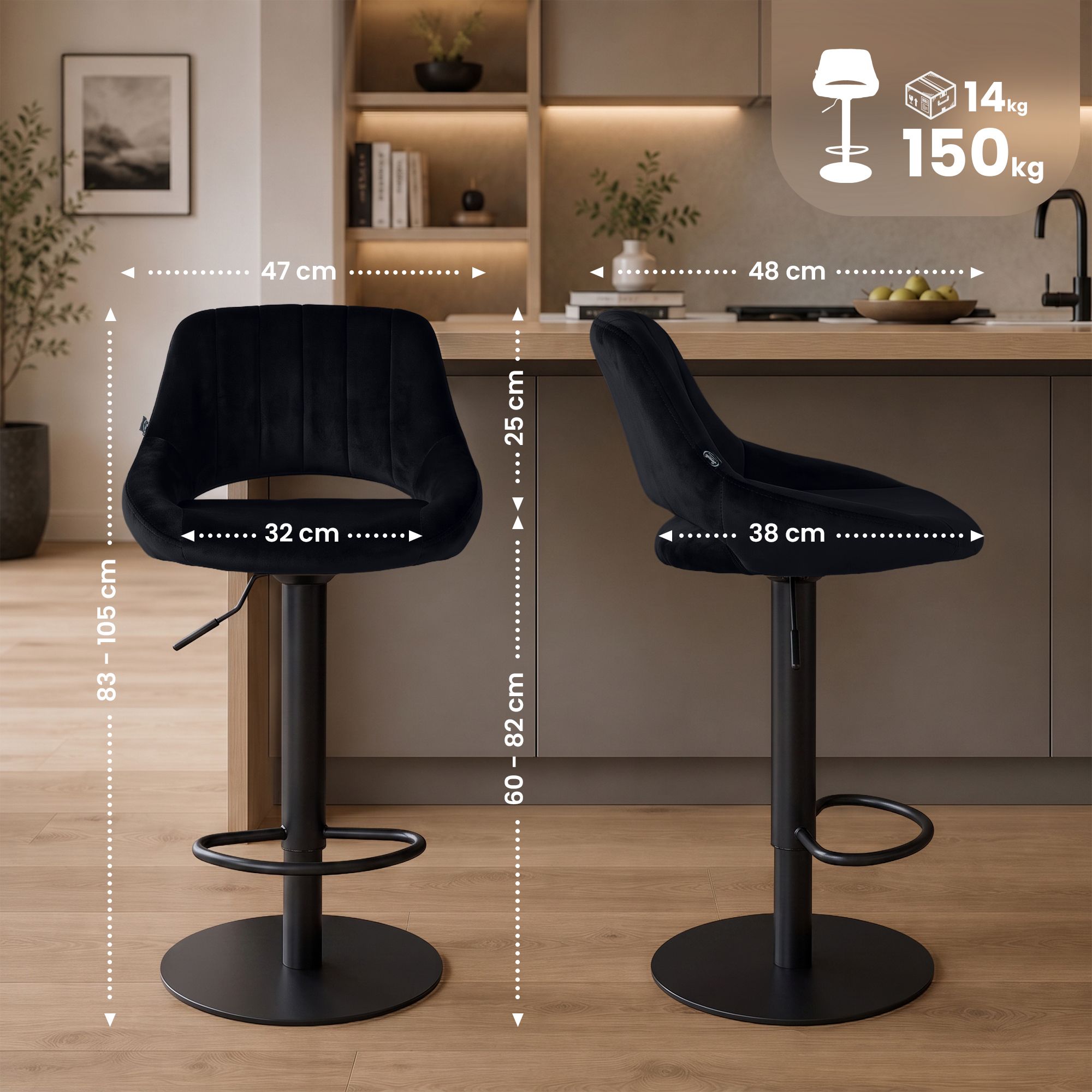 Set da 2 sgabelli da bar Milet neri con basi extra pesanti
