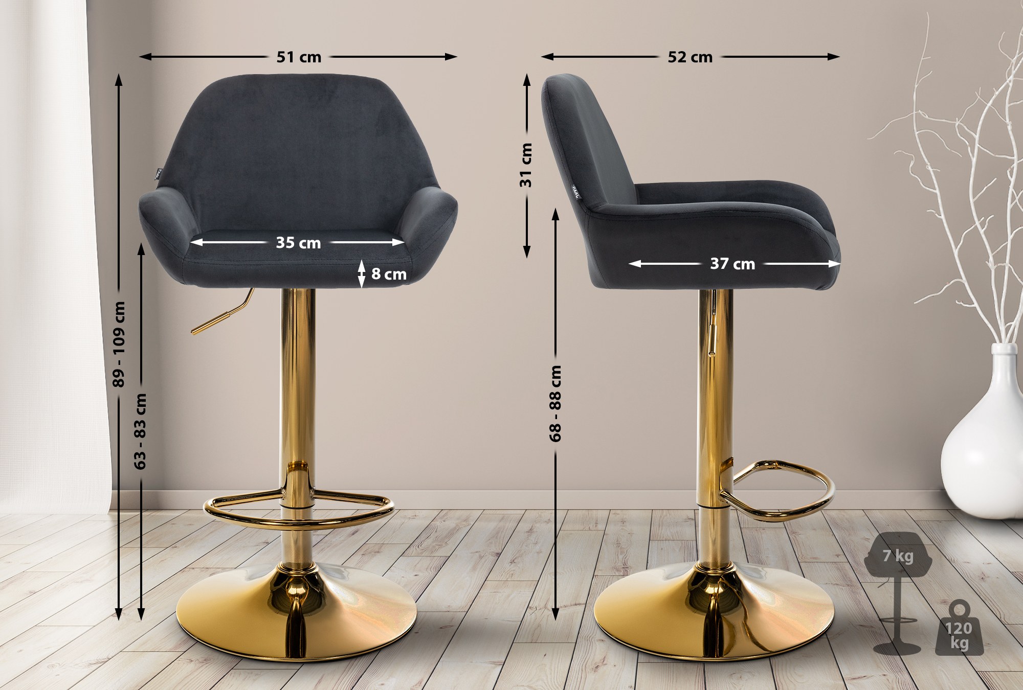 Set di 2 sgabelli da bar Braga in velluto oro