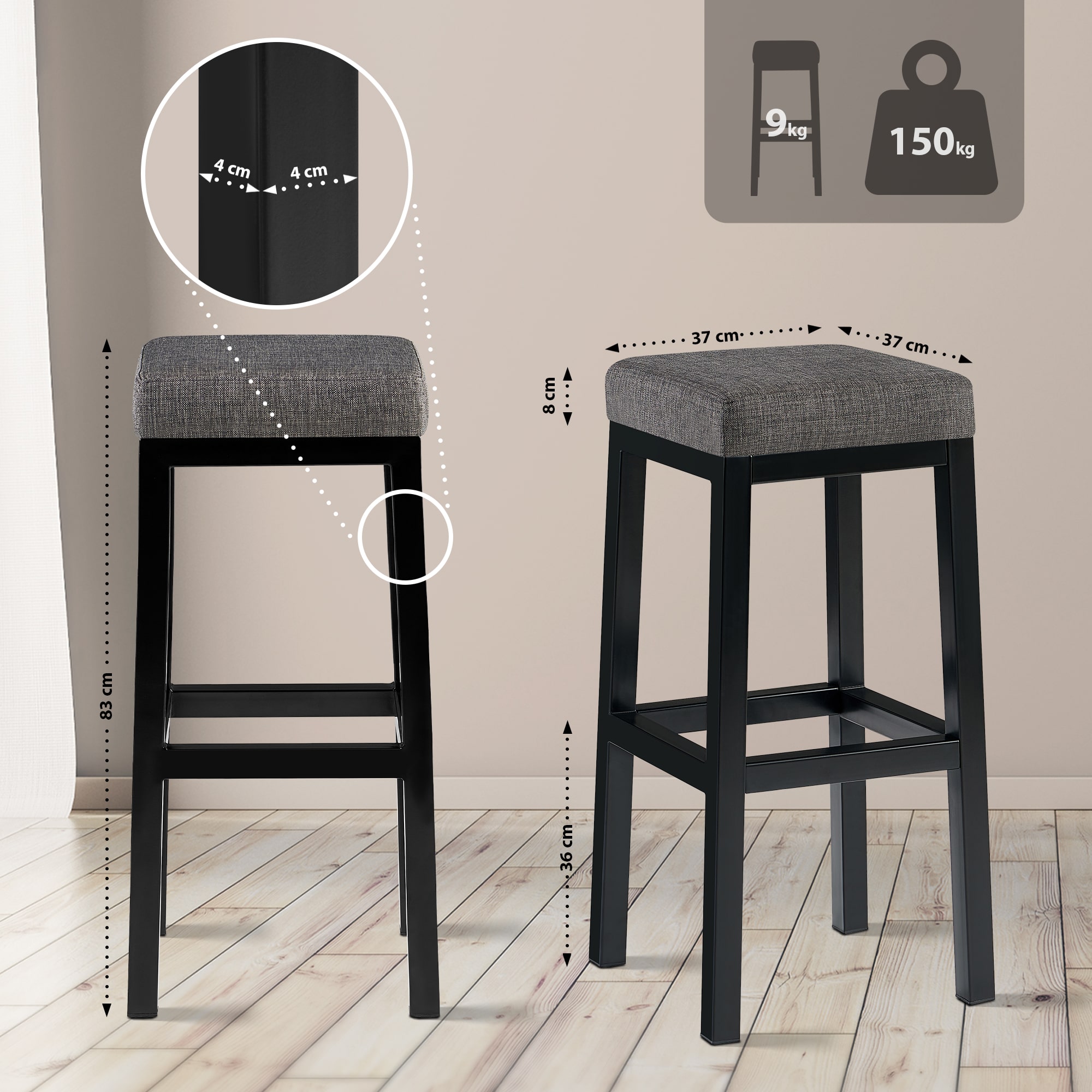 Sgabello Taylor Altezza seduta 83 cm Struttura in metallo nero