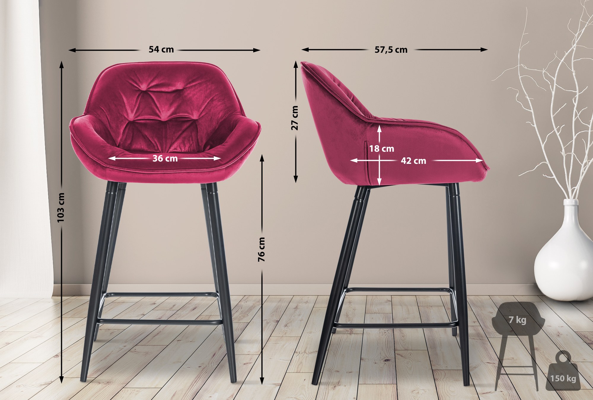 Sgabello da bar Gibson in velluto altezza seduta 76 cm